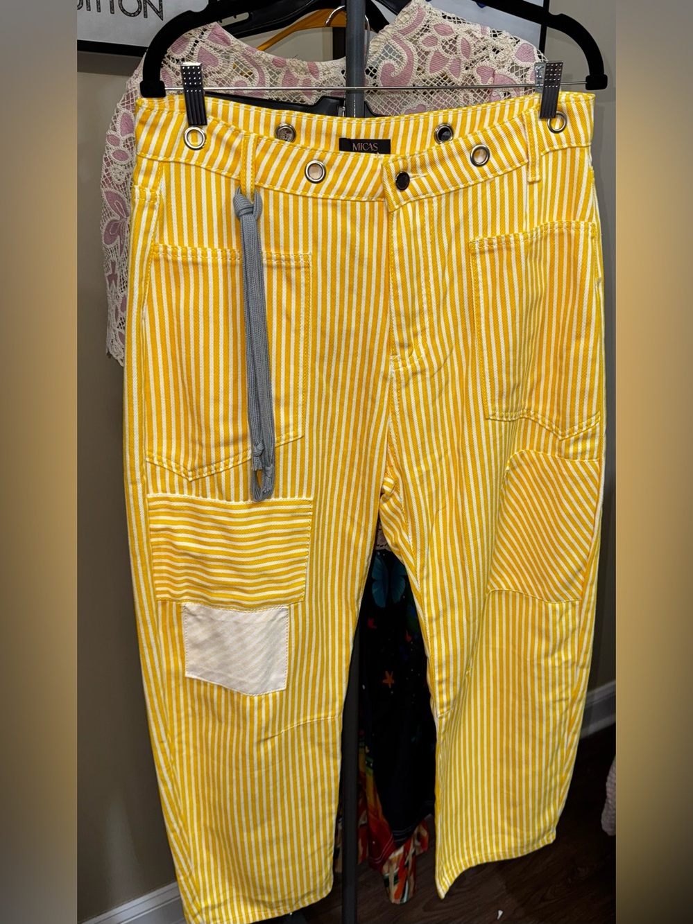 Yellow Striped Wide-Leg Barrel Drawstring Pants - Picture 3 of 5